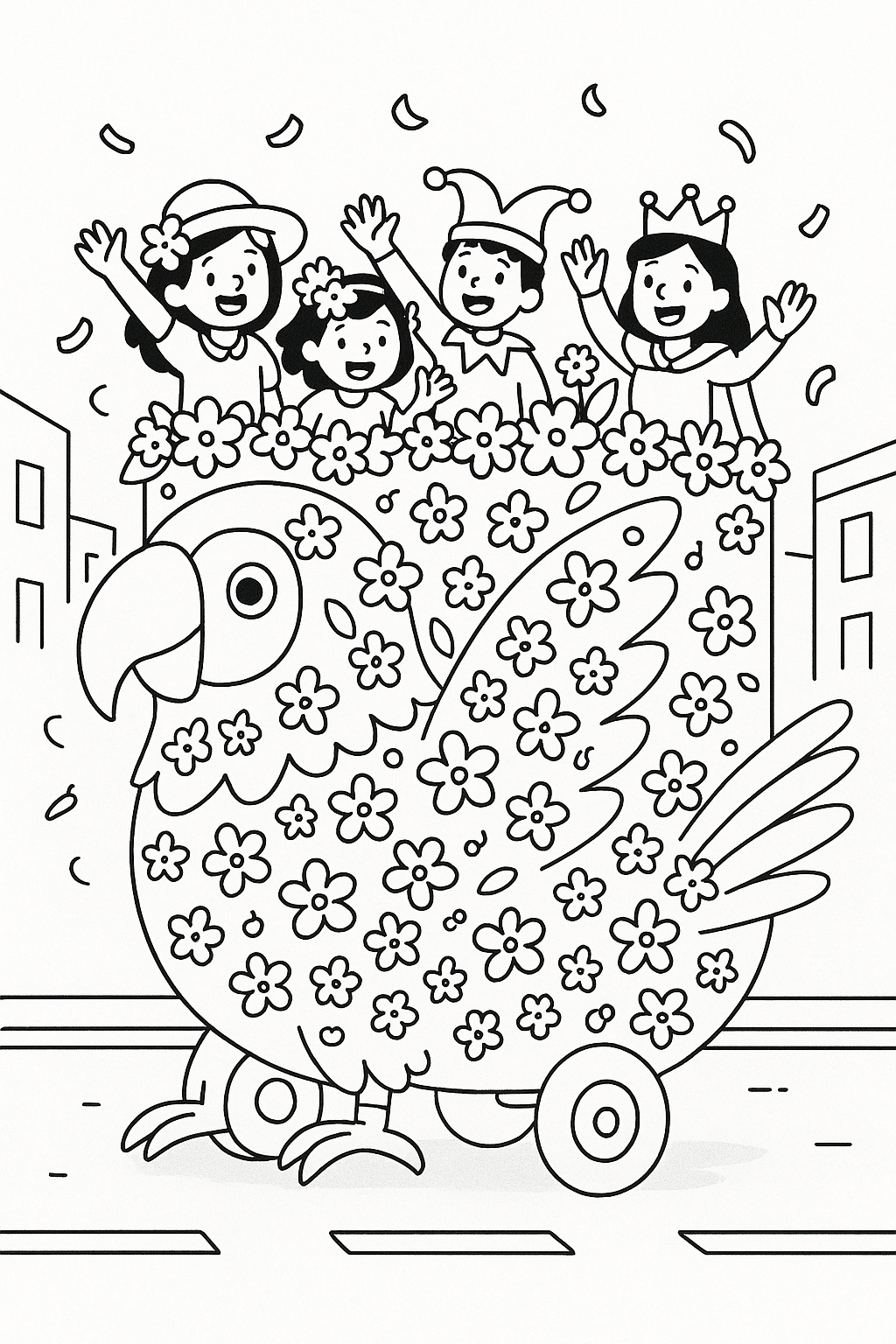 The Parade Float: A whimsical, giant parade float shaped like a colorful tropical macaw parrot, covered in flowers and glitter, rolling down a street with happy costumed people waving from the top.