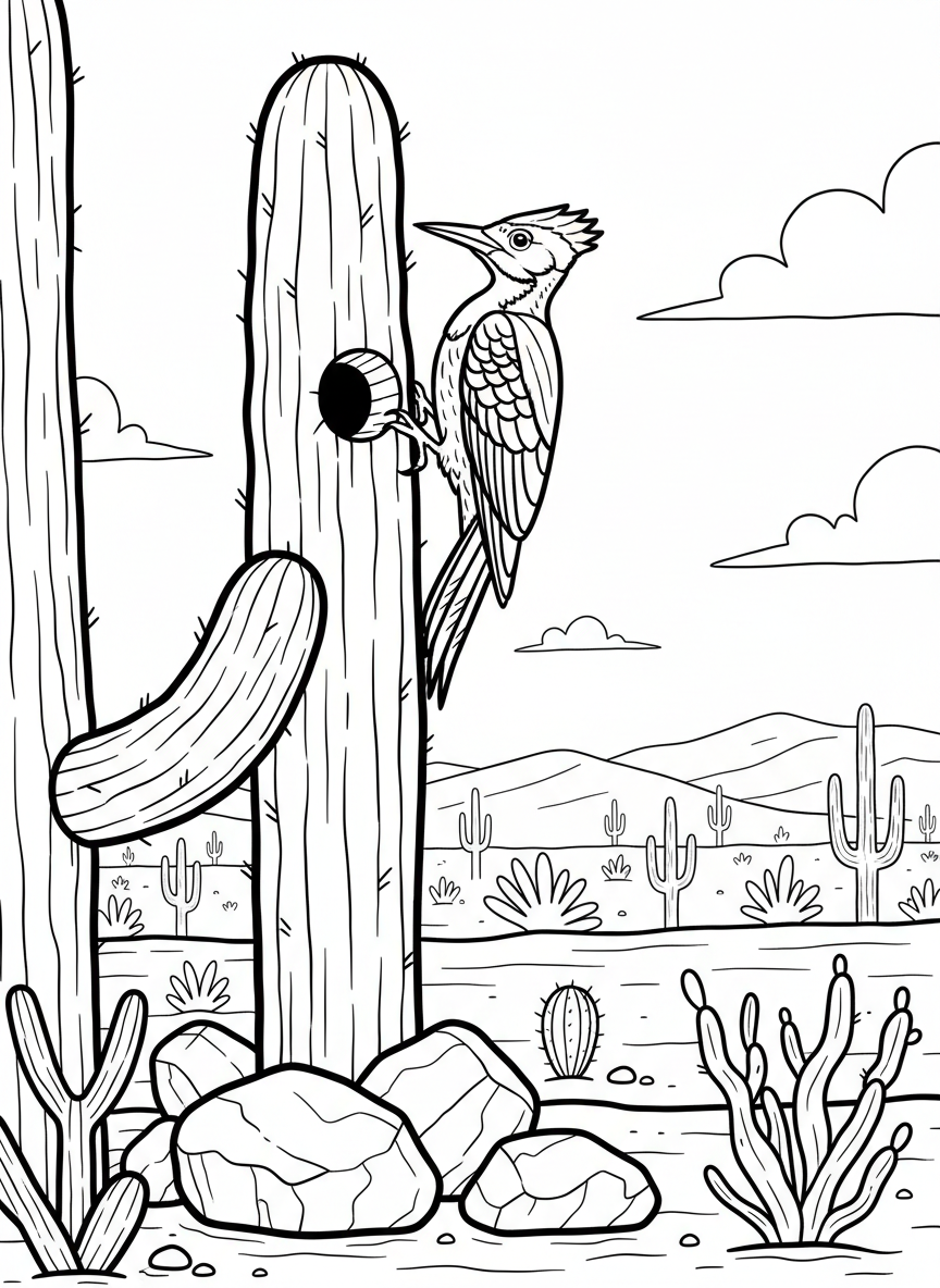A Gila woodpecker perched on a saguaro cactus arm with its nest hole visible, desert landscape in background