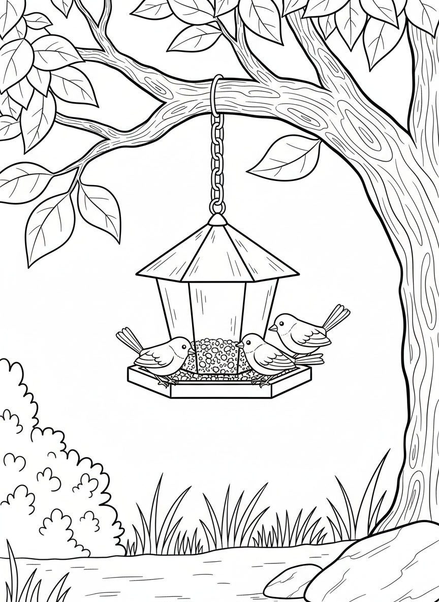 A decorative bird feeder hanging from a tree branch with three small songbirds eating seeds, simple background
