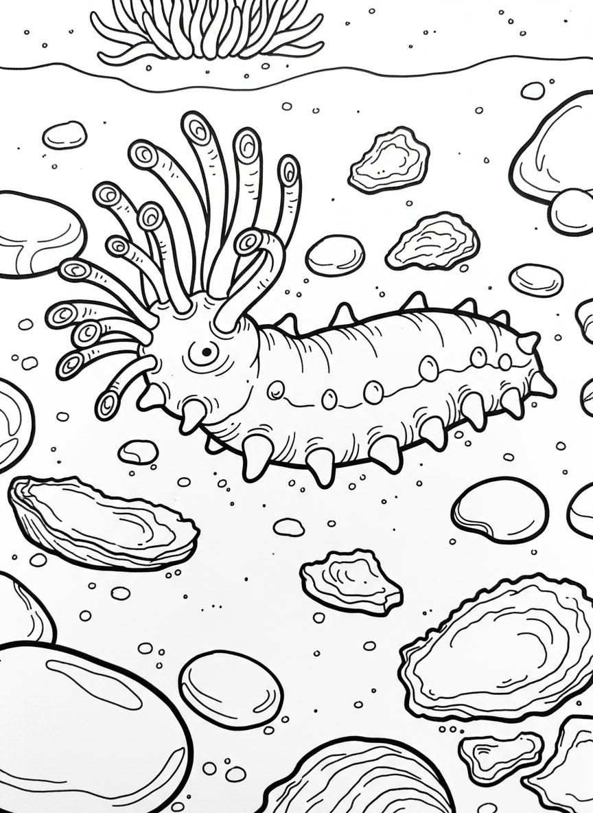 A sea cucumber resting on the sandy tide pool bottom with its feeding tentacles extended, surrounded by small pebbles and shell fragments