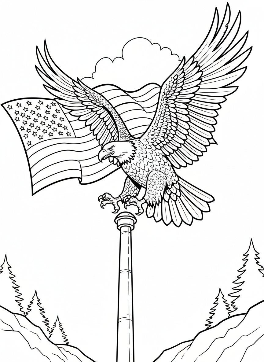 A bald eagle landing on a flagpole with the American flag, action pose with spread wings and talons extended