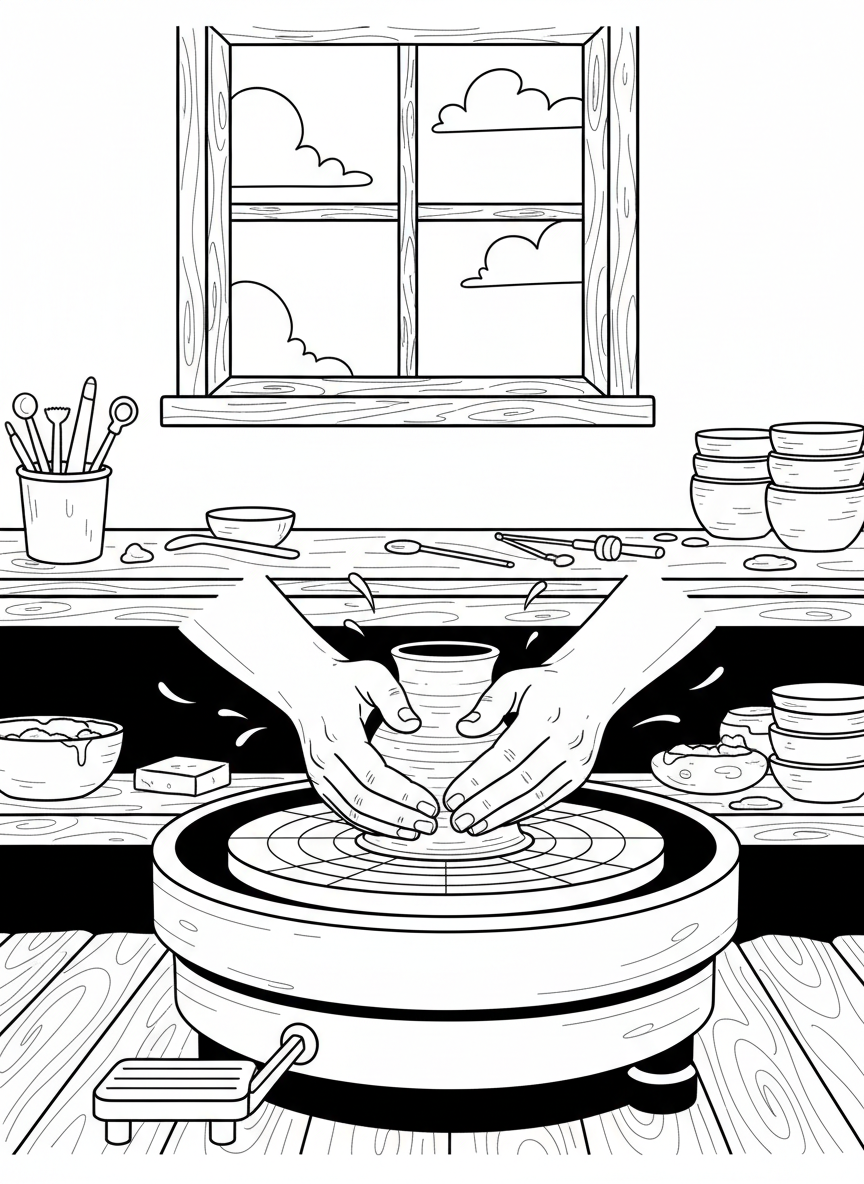Hands molding a lump of clay on a spinning pottery wheel, showing the pottery-making process in action.