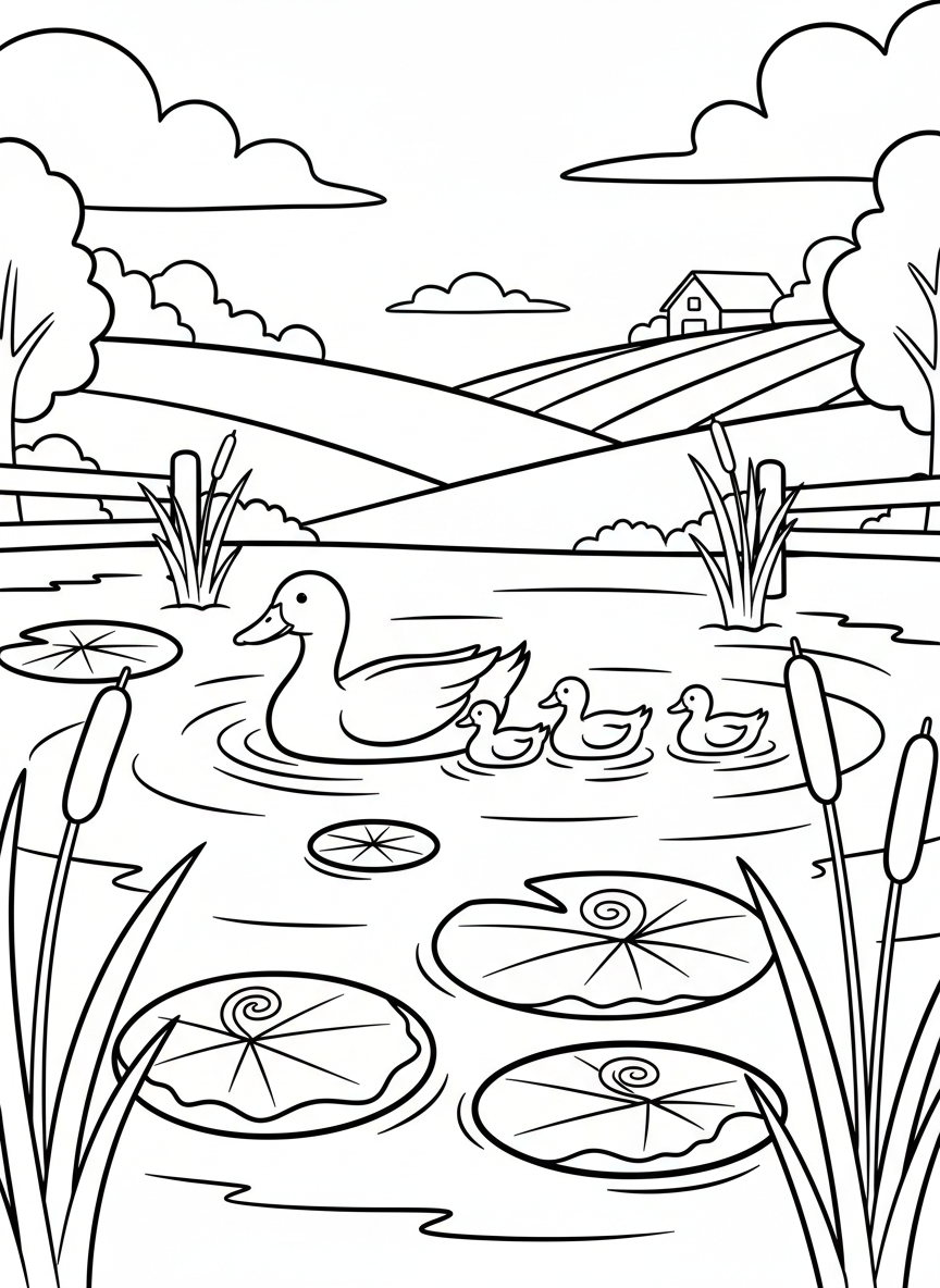 A family of ducks swimming in a farm pond with cattails and lily pads, peaceful countryside scene with clear outlines.