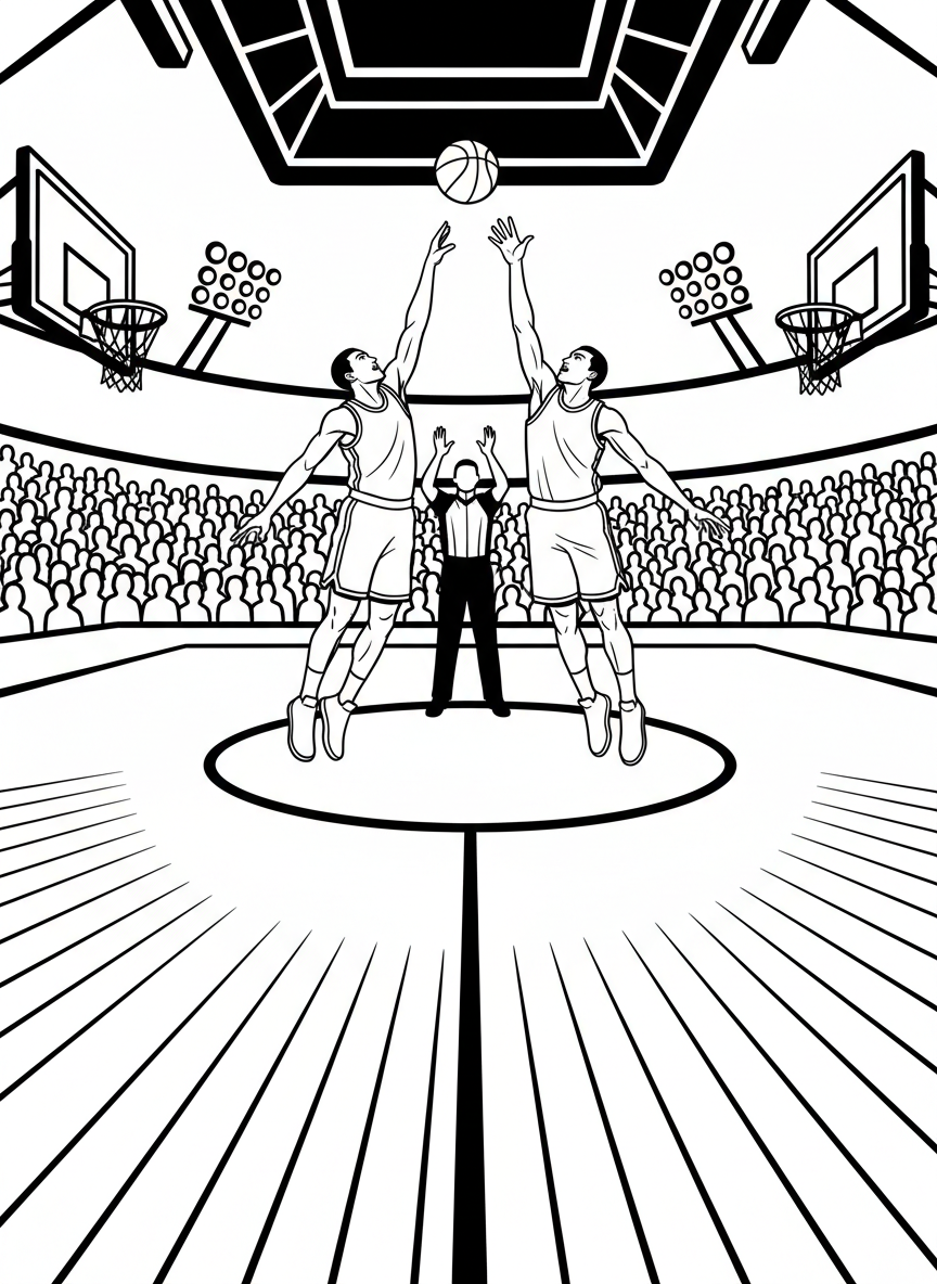 Two players jumping for the opening tip-off at center court to start the championship game.