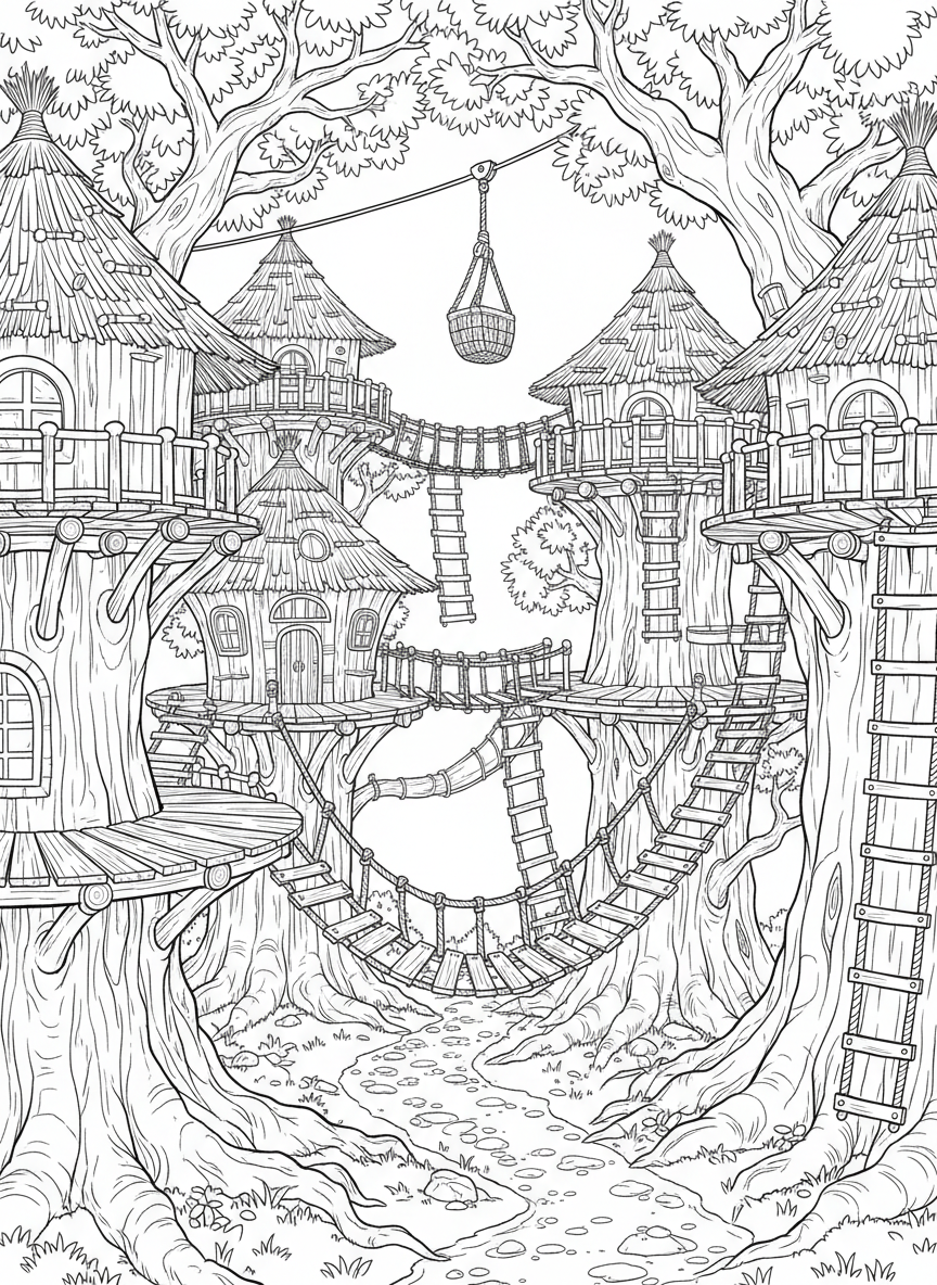 An elaborate treehouse village with multiple platforms, rope ladders, and pulley systems connecting different levels