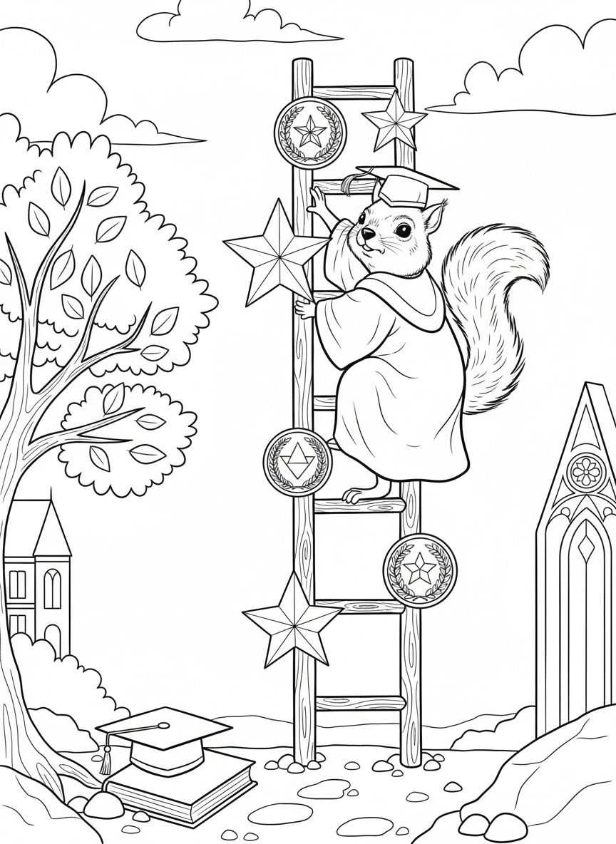 A graduate squirrel climbing a ladder to success, wearing a cap and gown, with stars and achievement medals along the way.