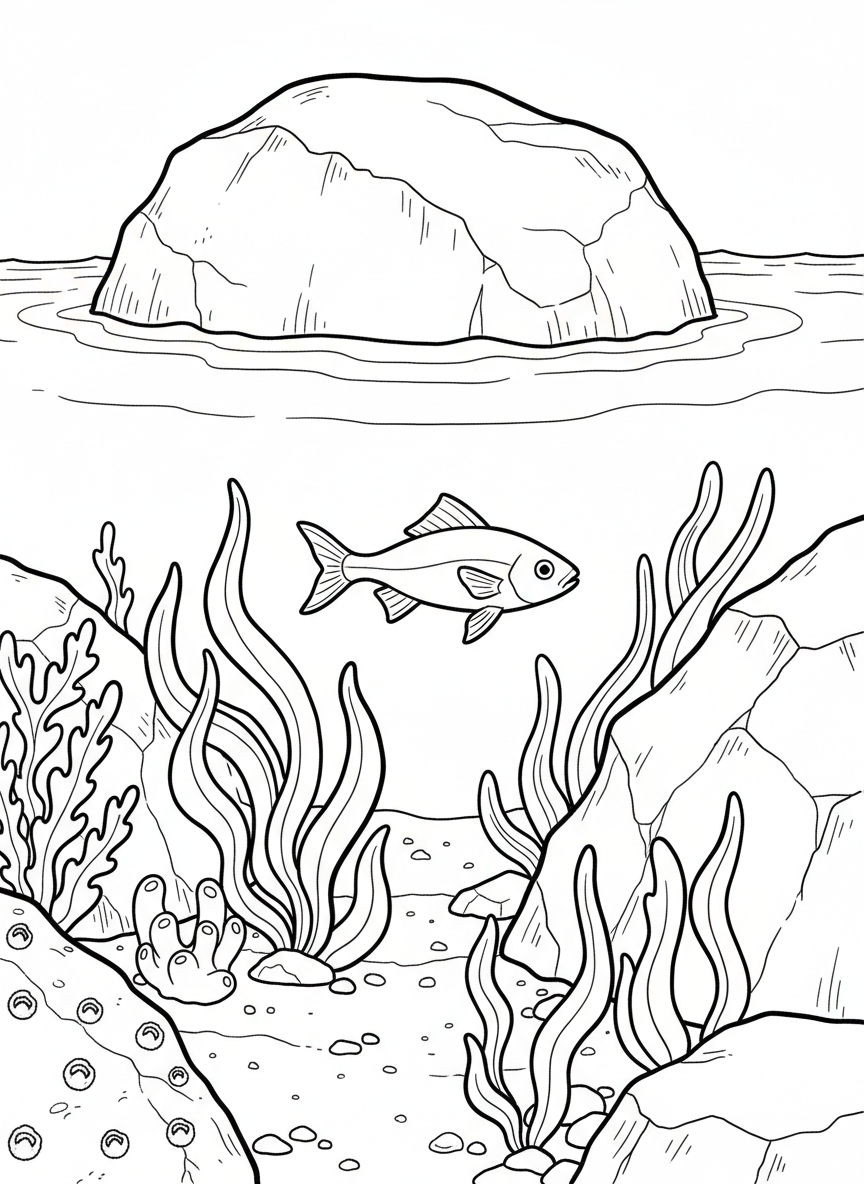 A small fish swimming between rocks in a tide pool with sea lettuce and other algae growing.