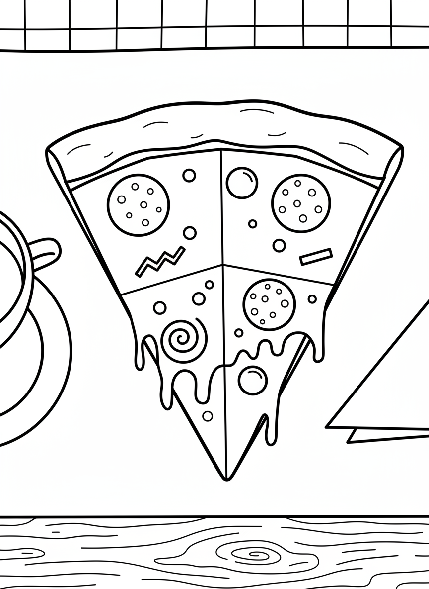A simple origami-style pizza slice with geometric triangular folds, showing pepperoni circles and cheese details in clean line art, perfect for young children.