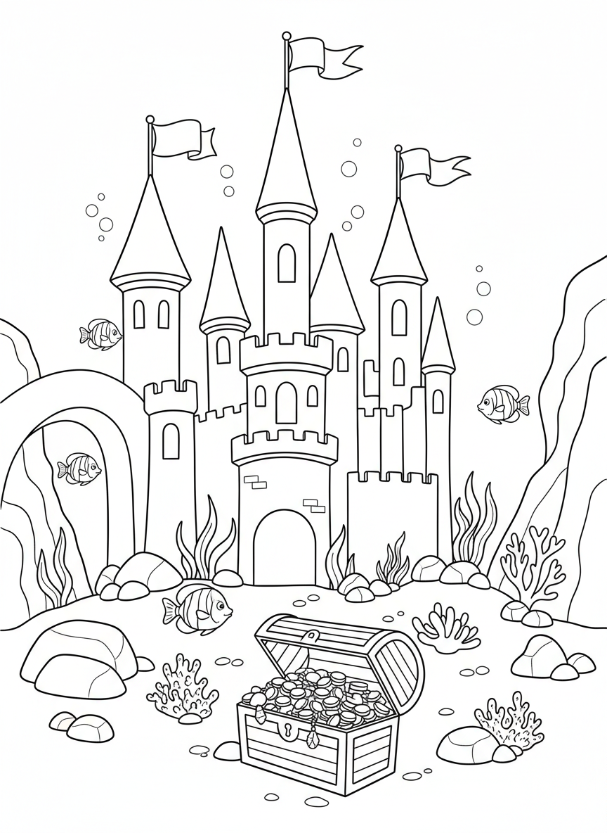 An underwater castle with towers and flags surrounded by small tropical fish and treasure chest, detailed coloring page