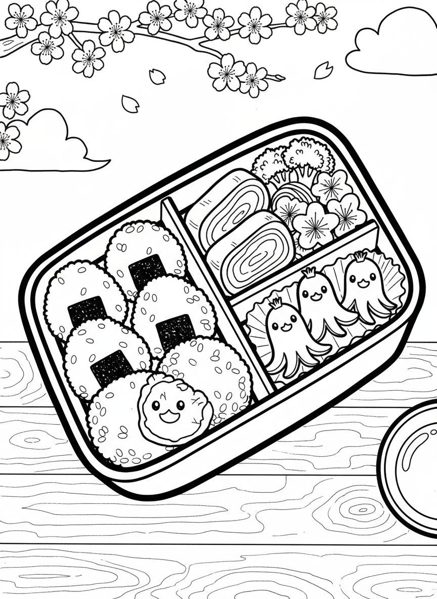 A detailed bento box filled with rice balls, tamagoyaki egg, vegetables, and octopus sausages arranged in compartments, top-down view