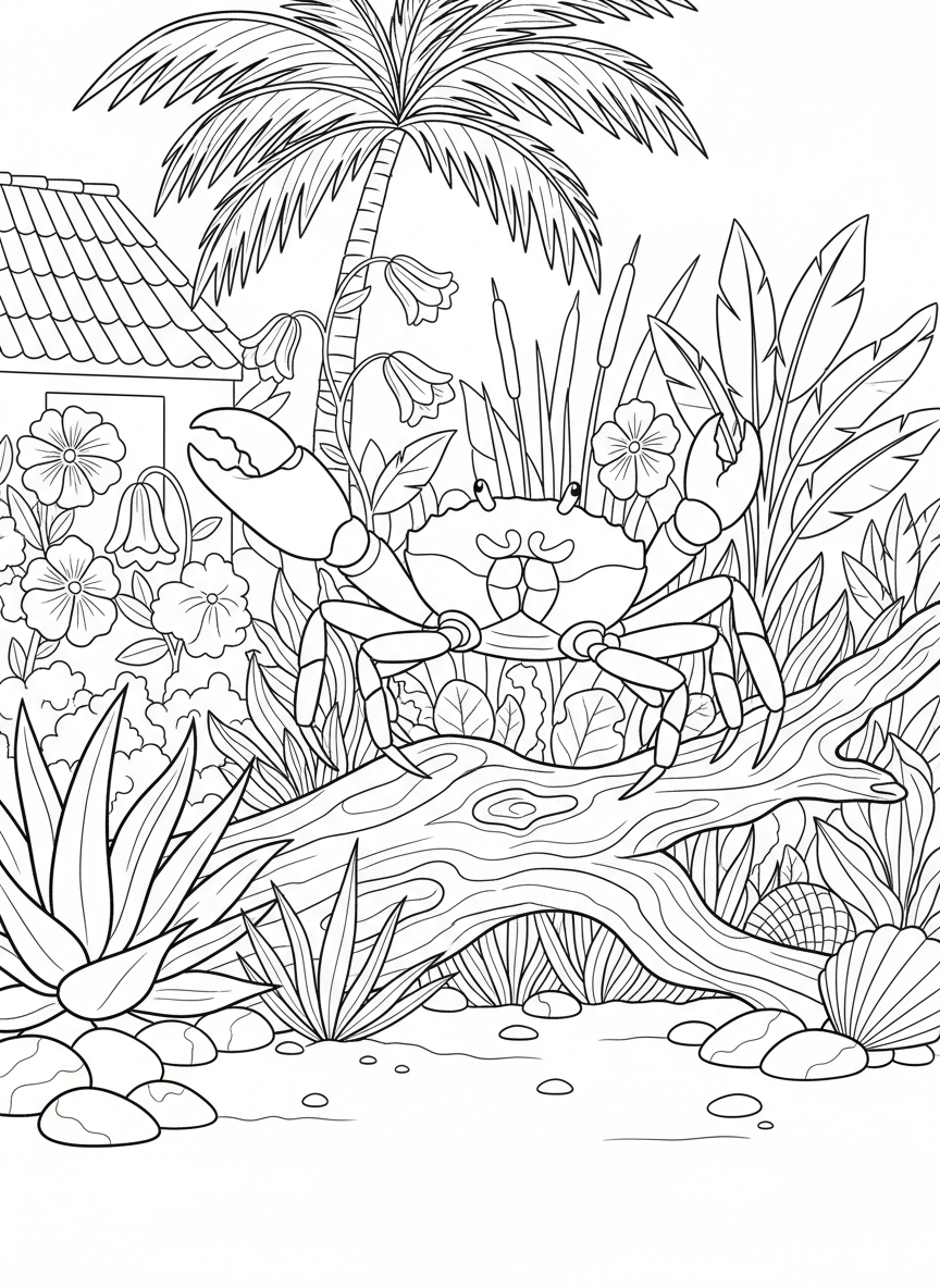 A crab with one large claw and one small claw standing proudly on driftwood, surrounded by coastal plants and flowers.