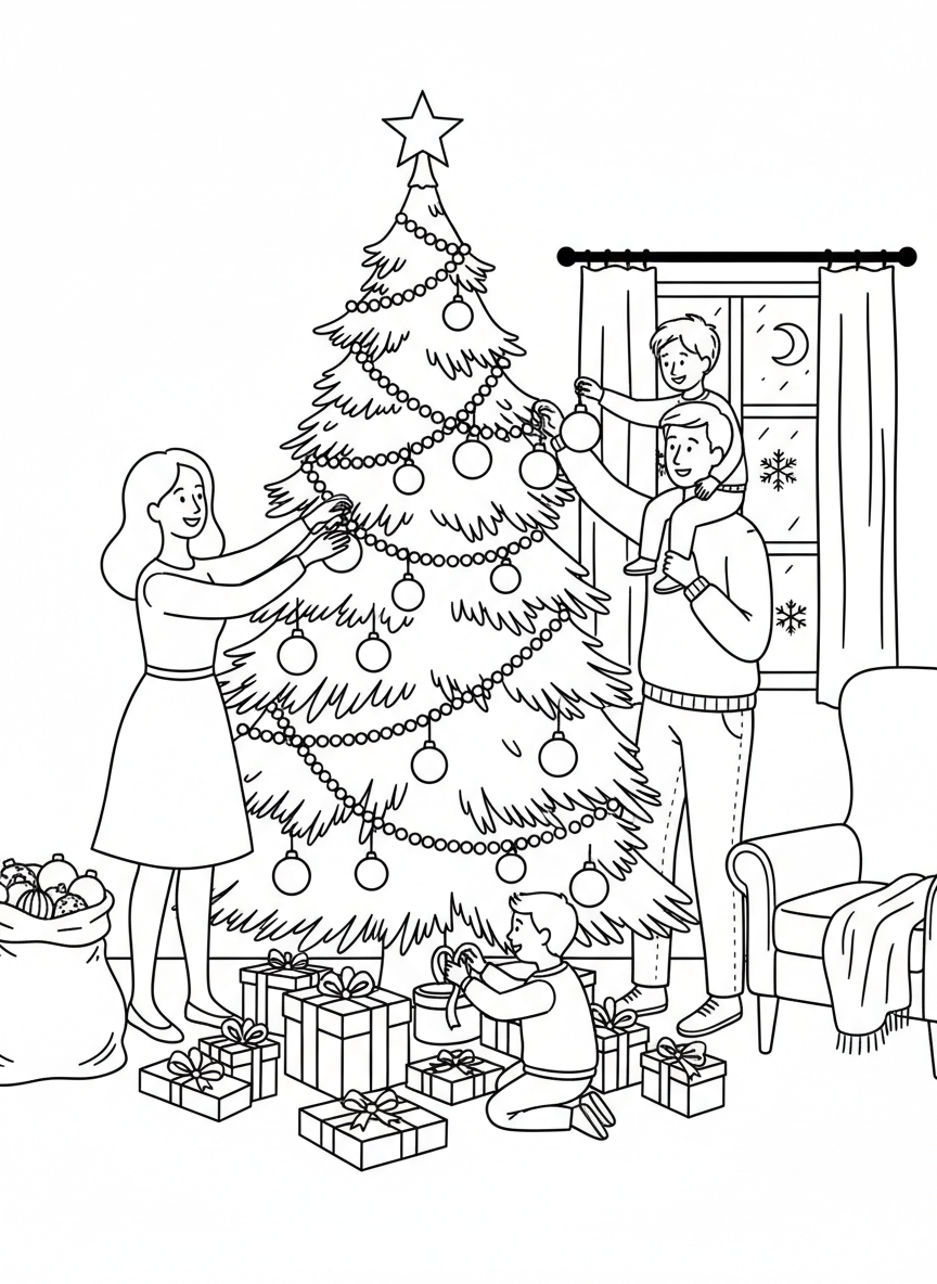 Parents and children decorating a Christmas tree together in the living room, with ornaments, lights, and presents scattered around.