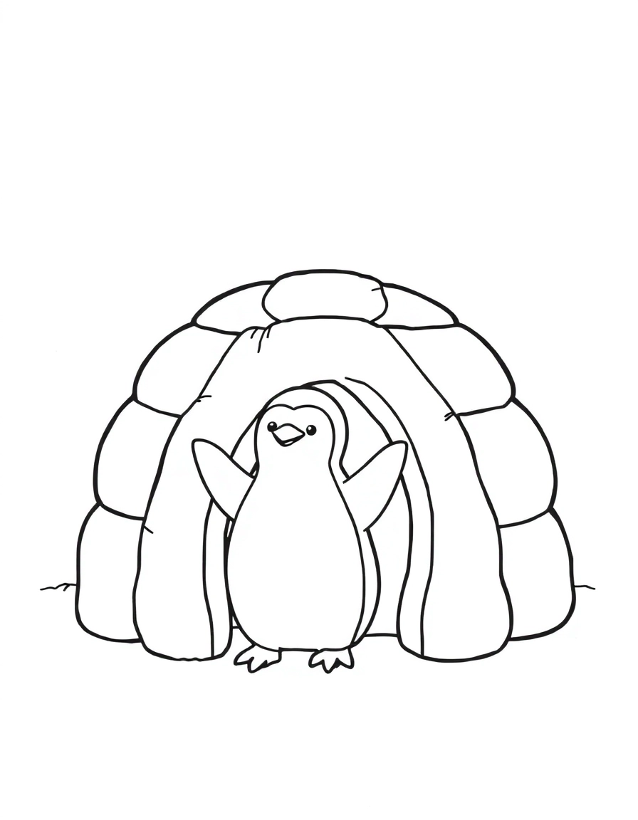 Igloo Life: A rounded ice block igloo with a penguin waving from the entrance.