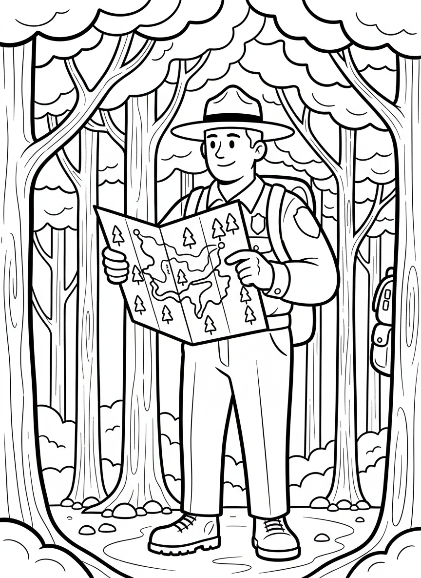 A park ranger pointing at a trail map in a forest setting, wearing a ranger hat and uniform with trees surrounding.