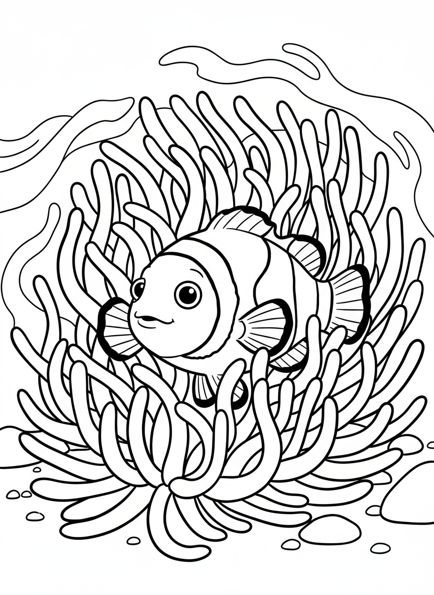 A cute clownfish peeking out from a sea anemone with wavy tentacles