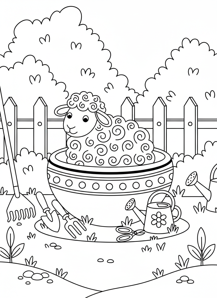 A fluffy sheep sitting inside a large ceramic pottery bowl surrounded by small garden tools, clean outlines perfect for kids
