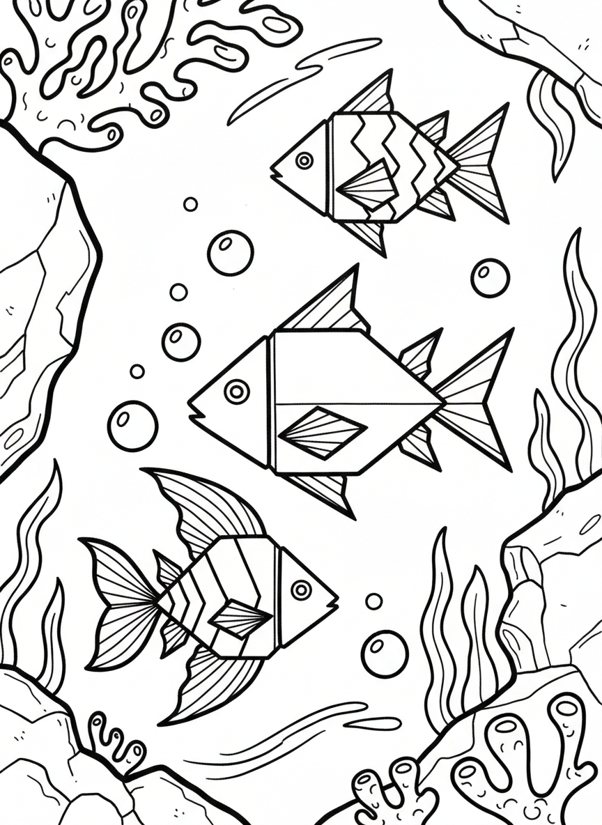 A school of three small origami fish swimming together, each with different simple fold patterns and fins