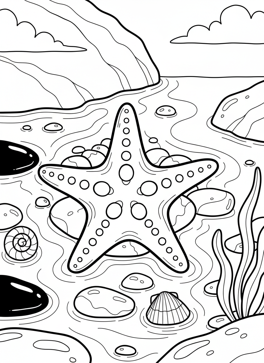 A peaceful tide pool scene with a large starfish as the focal point, surrounded by smooth stones, gentle ripples, and scattered seashells, calming composition.