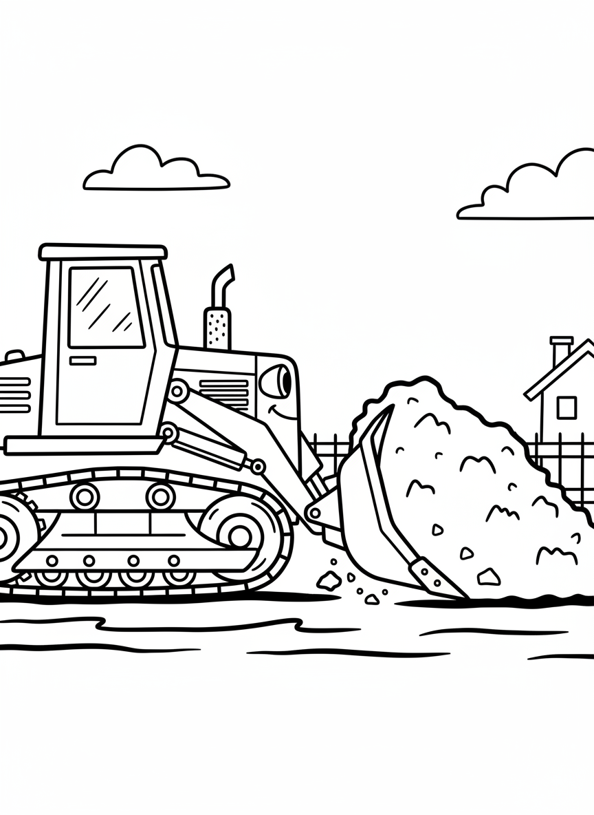 A friendly bulldozer pushing a pile of dirt, shown from the side with big treads and a large blade, simple line art style.