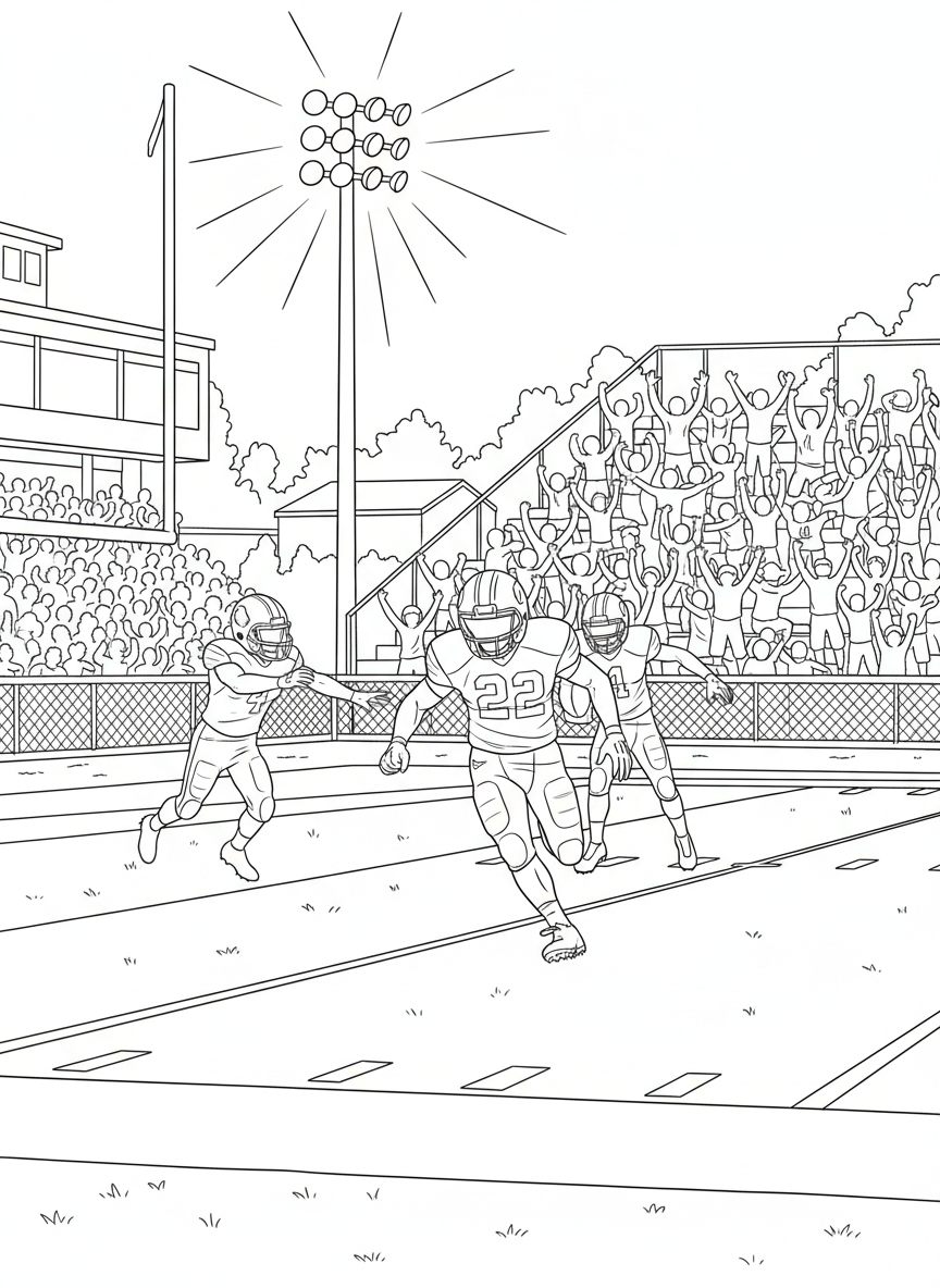 Friday Night Lights coloring page prompts capturing high school football atmosphere, community pride, and glowing stadium scenes.	A dramatic touchdown run with defenders trailing as the crowd leaps to its feet.