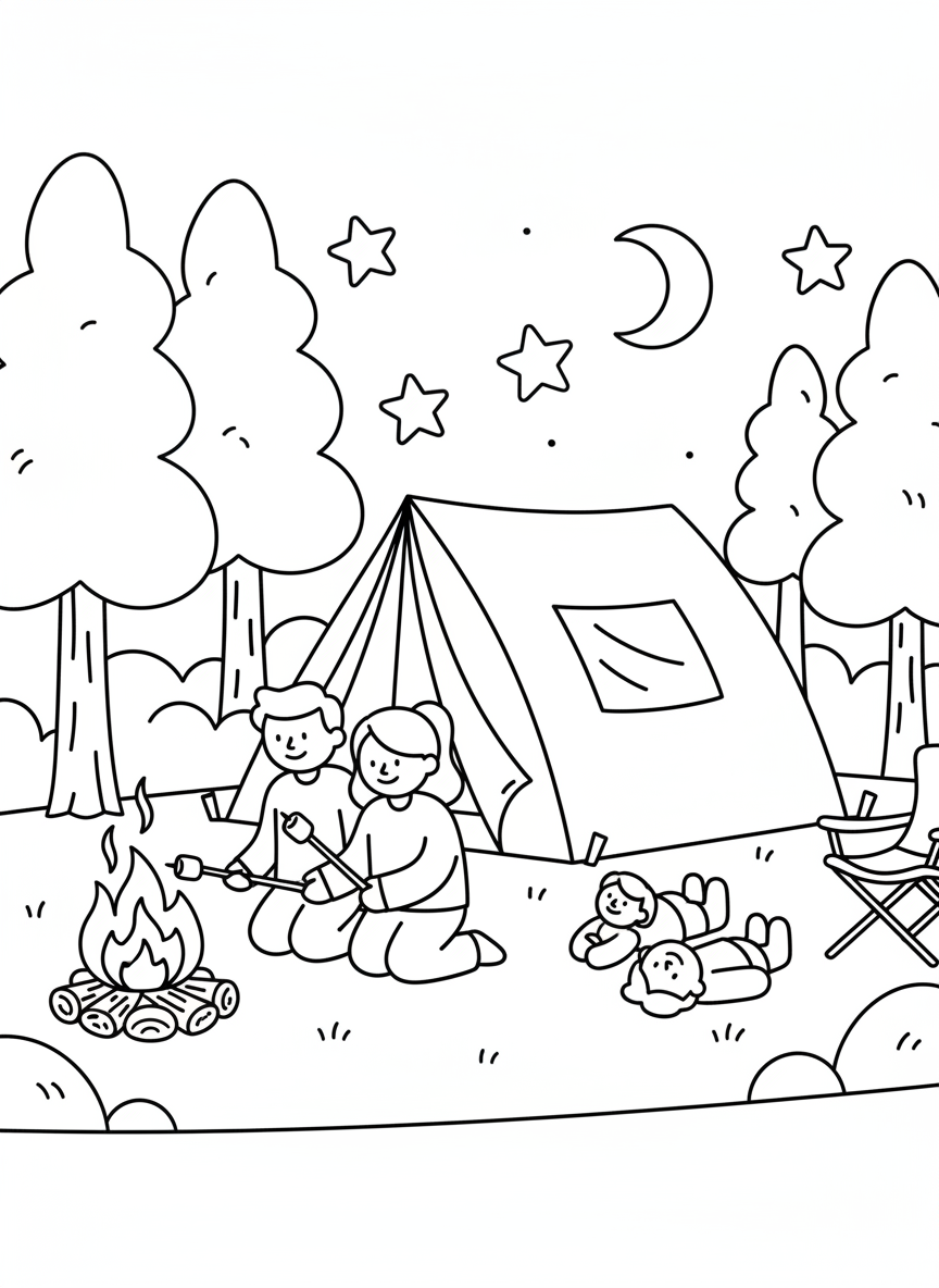 A family camping scene with a tent, campfire, and parents roasting marshmallows while kids look at the stars above.