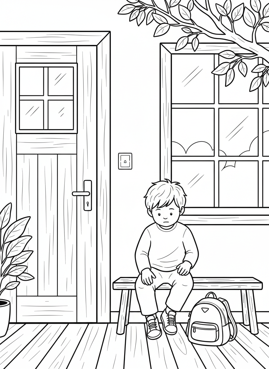 A child putting on shoes near a door, small backpack beside them, simple entryway scene, door and window in background, clean bold outlines, minimal clutter, no text, no logos