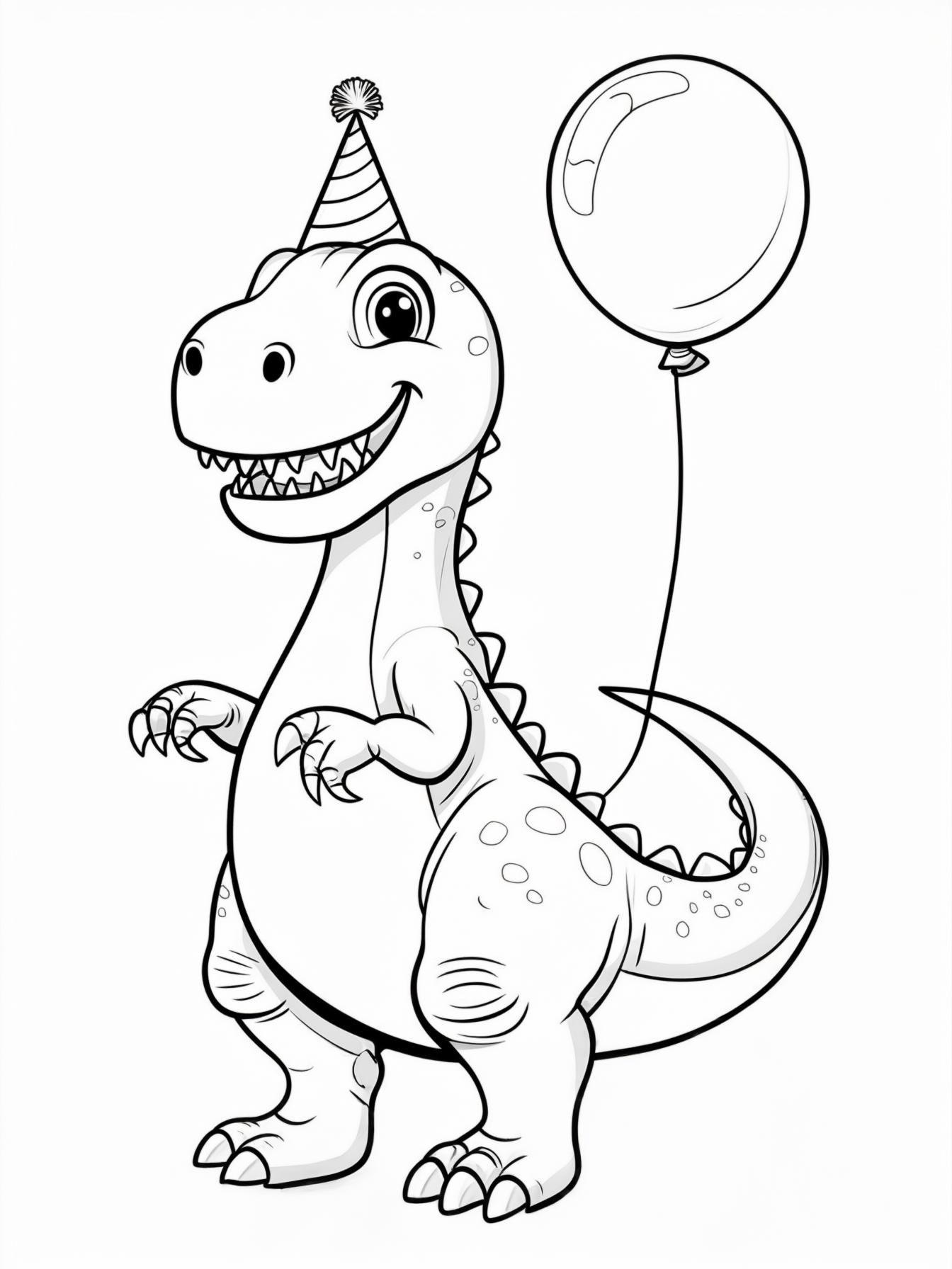 A smiling cartoon dinosaur wearing a tiny party hat and holding one large balloon tied to its tail.
