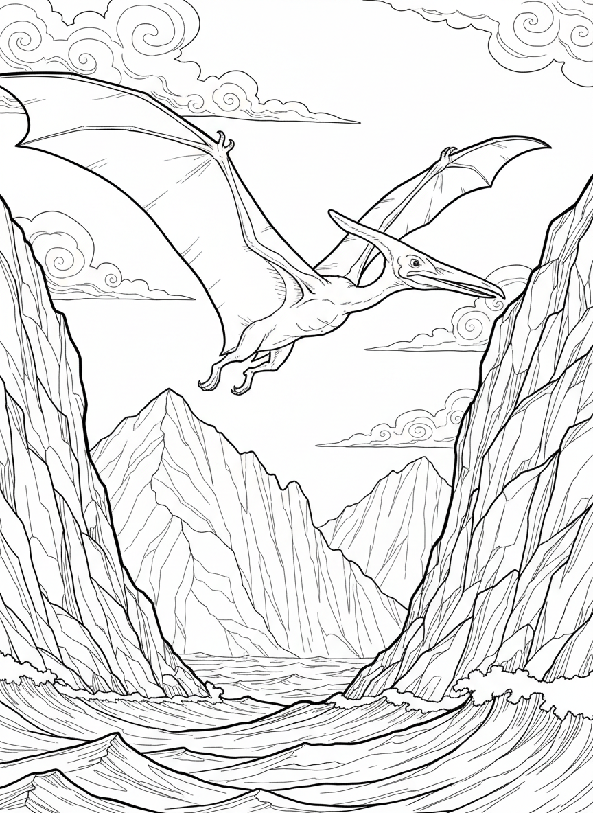 A Pteranodon flying through the sky with wide wings spread, soaring above rocky cliffs and an ancient ocean.