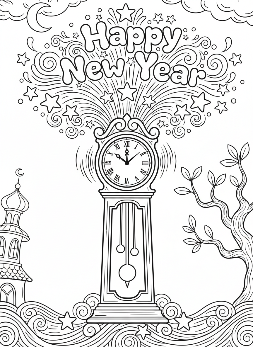 A grandfather clock striking midnight with decorative swirls, stars, and the words 'Happy New Year' in bubble letters