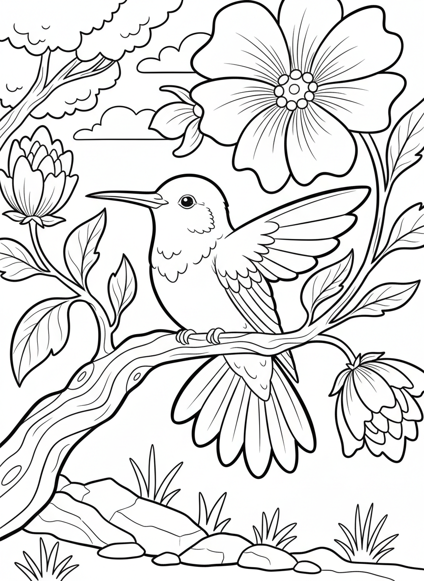 Simple scene of a hummingbird perched on a thin branch, resting with tail feathers fanned out and a few flowers below