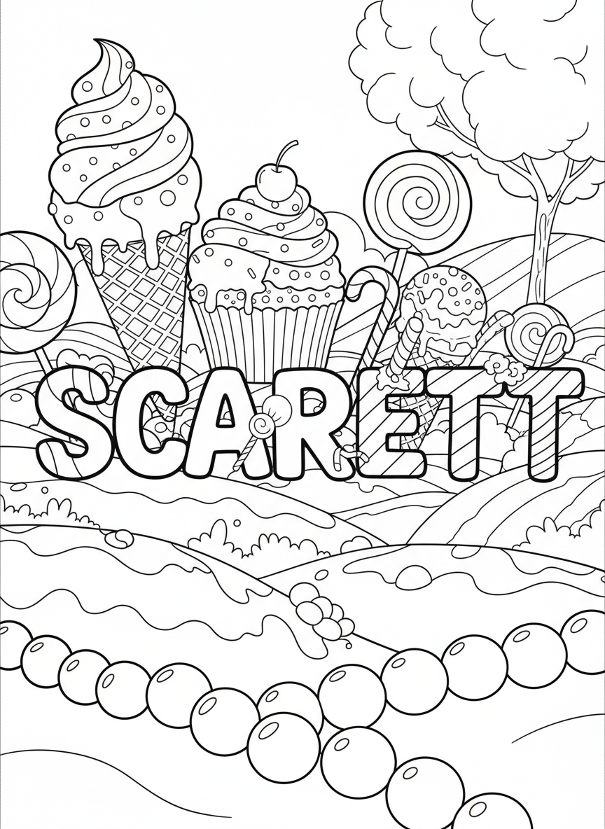 The name SCARLETT in letters decorated with cupcakes, ice cream cones, and candy, sweet-themed line art for coloring