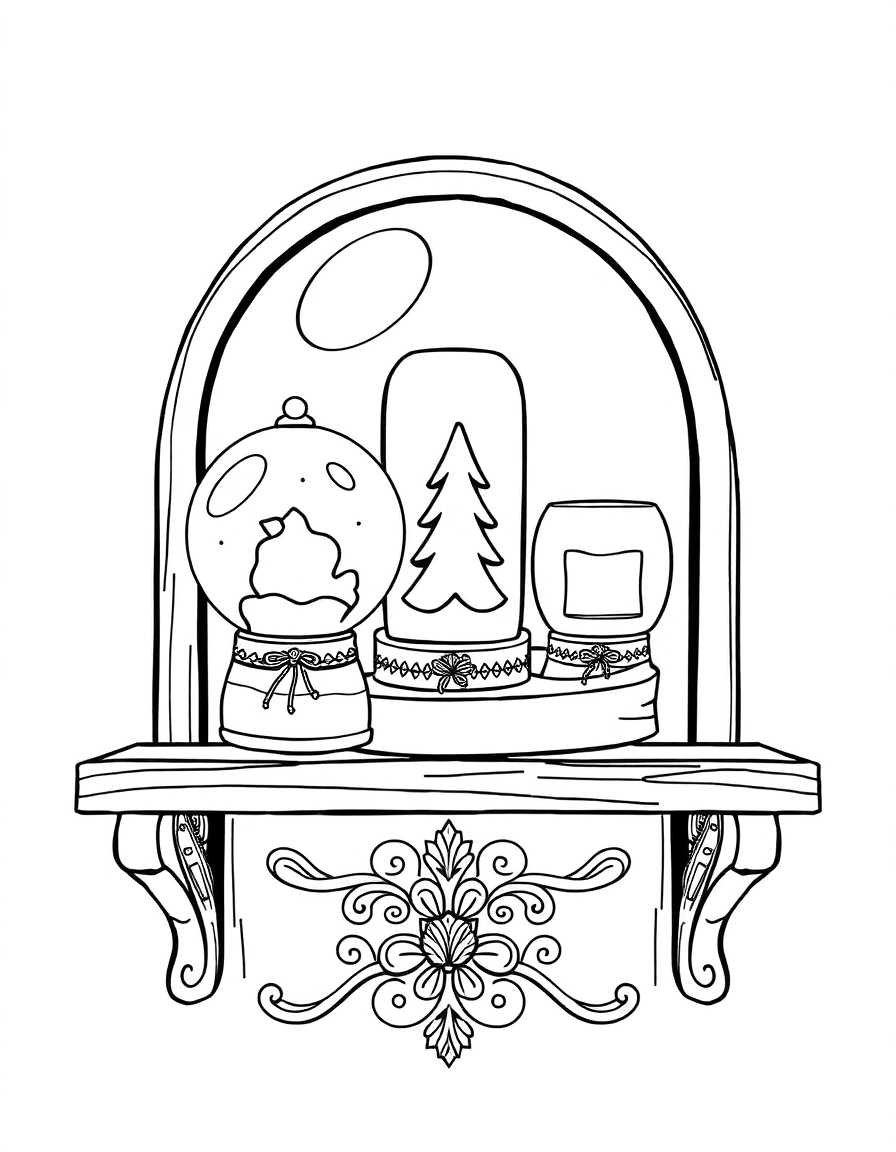 snow globe: Collection Shelf: A drawing of a wooden shelf holding three different sized snow globes (one round, one tall, one square), each with a simple shape inside.