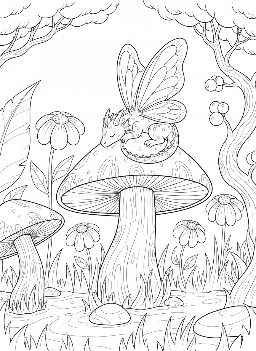 A cute fairy dragon with butterfly wings resting on a giant mushroom in a whimsical garden.