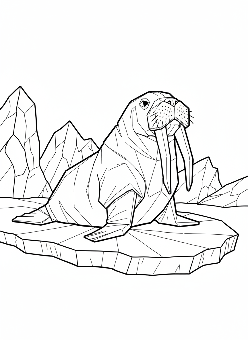 An origami walrus with prominent geometric tusks, wrinkled paper-fold texture on face, sitting on an ice floe made of angular shapes