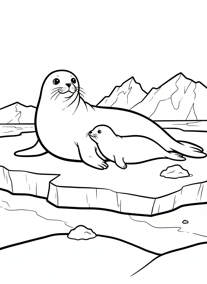A Weddell seal mother with her baby on the ice, both with gentle expressions and smooth body outlines.