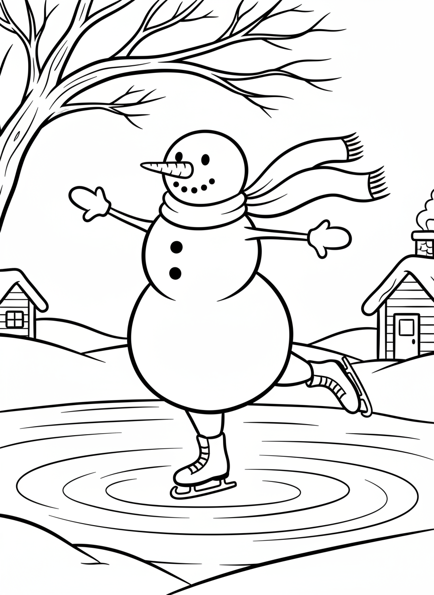 A snowman ice skating on a frozen pond, wearing ice skates and a flowing scarf, with one leg lifted in a graceful pose.