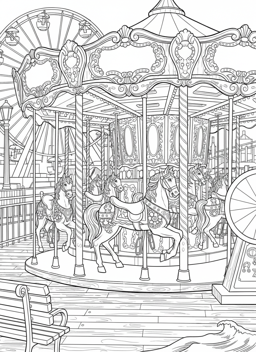 The Santa Monica Pier carousel with decorated horses and ornate details, ready to color