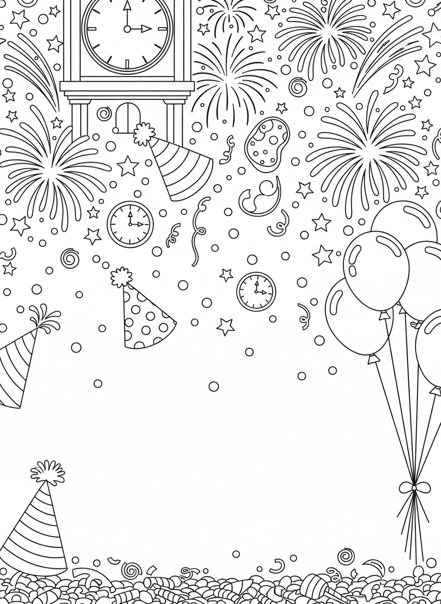 A decorative border page filled with New Year's elements like clocks, fireworks, stars, confetti, and party hats for kids to color