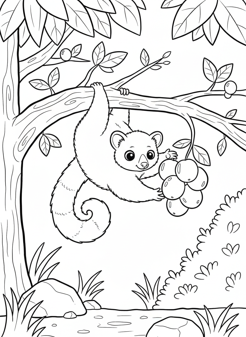 A kinkajou hanging from a branch by its tail, with round ears, big eyes, and a sweet face, reaching for fruit.