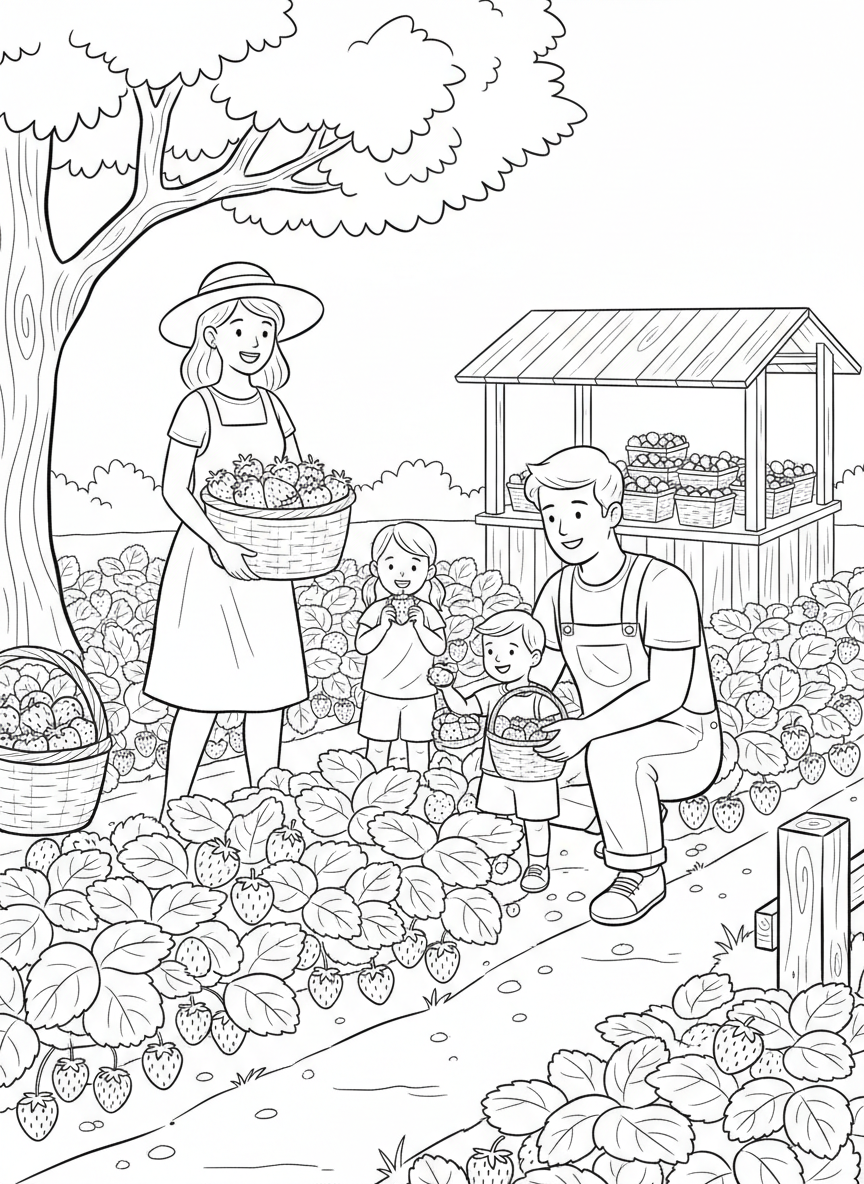 A happy family picking strawberries at a local farm with baskets and fruit stands, easy coloring page