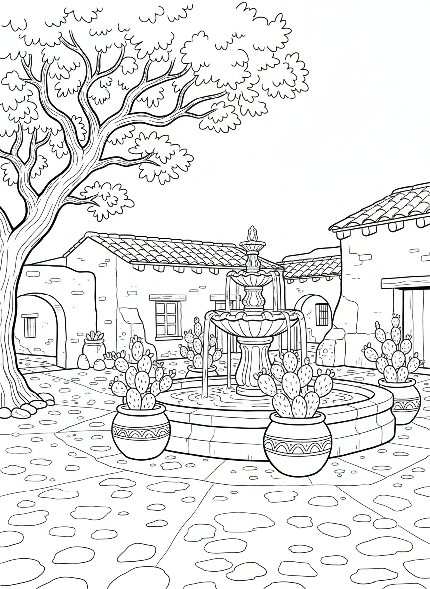 The Old Town San Diego plaza with adobe buildings, a fountain in the center, and cacti in decorative pots