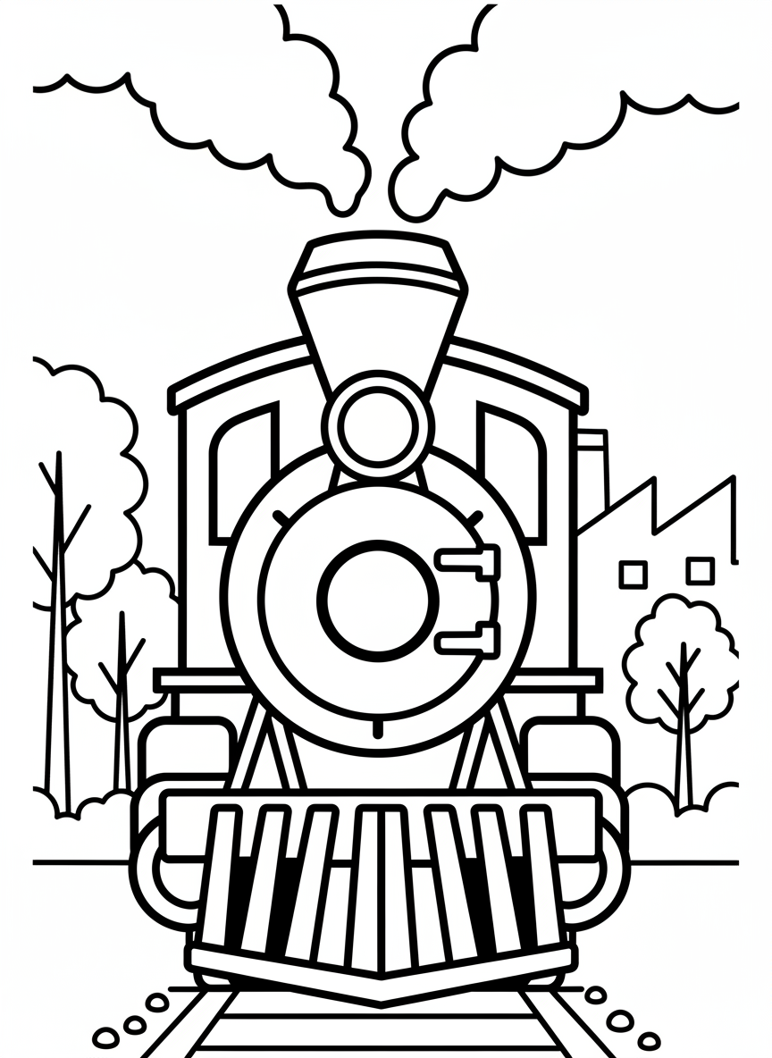 A simple steam engine front view showing the cowcatcher, headlight, and smokestack, perfect for younger children to color