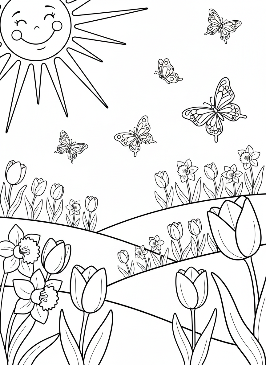 A cheerful sun rising over rolling hills covered with blooming tulips and daffodils, with butterflies flying through the air.