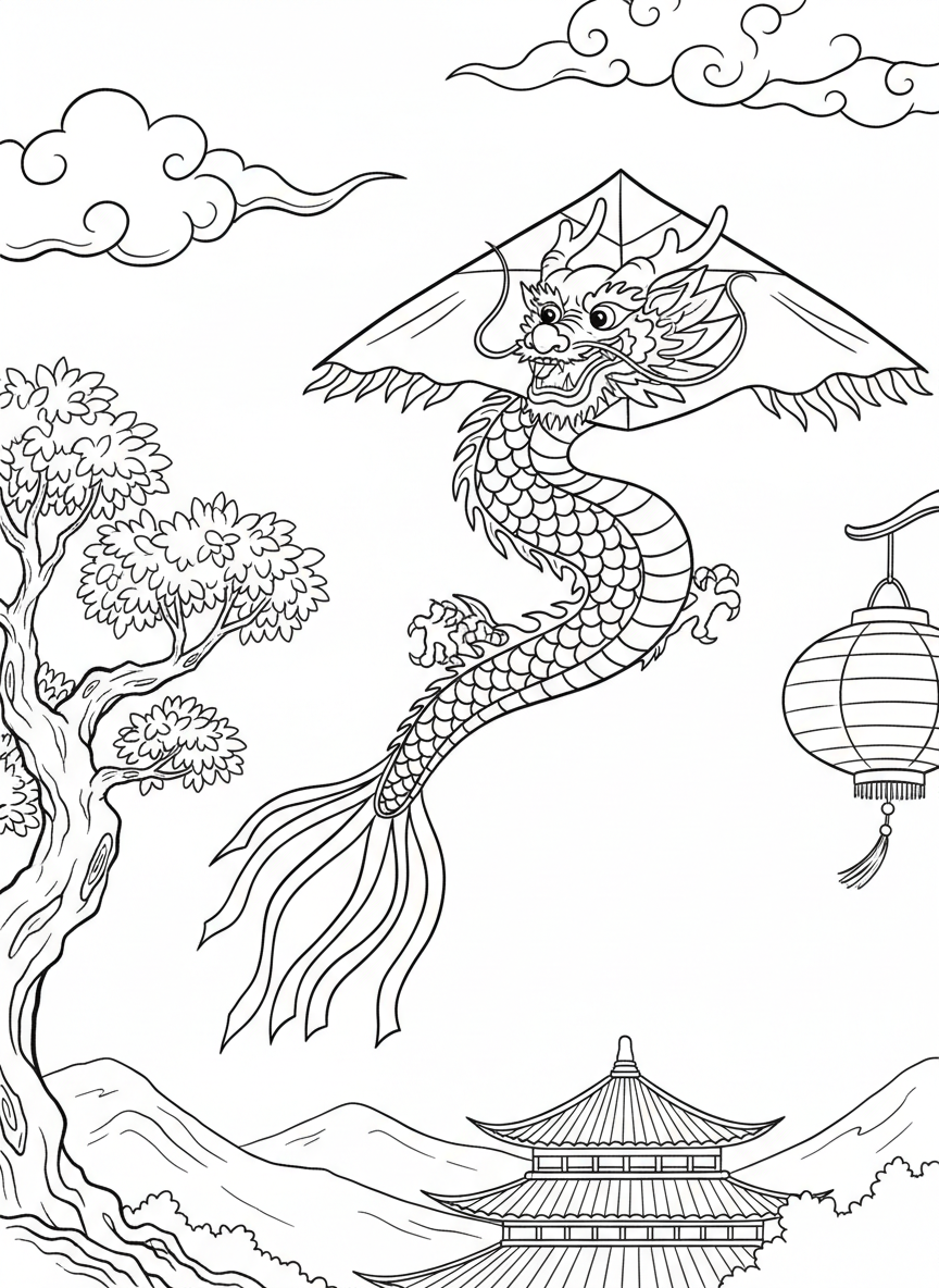 A traditional Chinese dragon kite soaring through the air with a long segmented body, scales, and flowing tail ribbons against a clear sky.