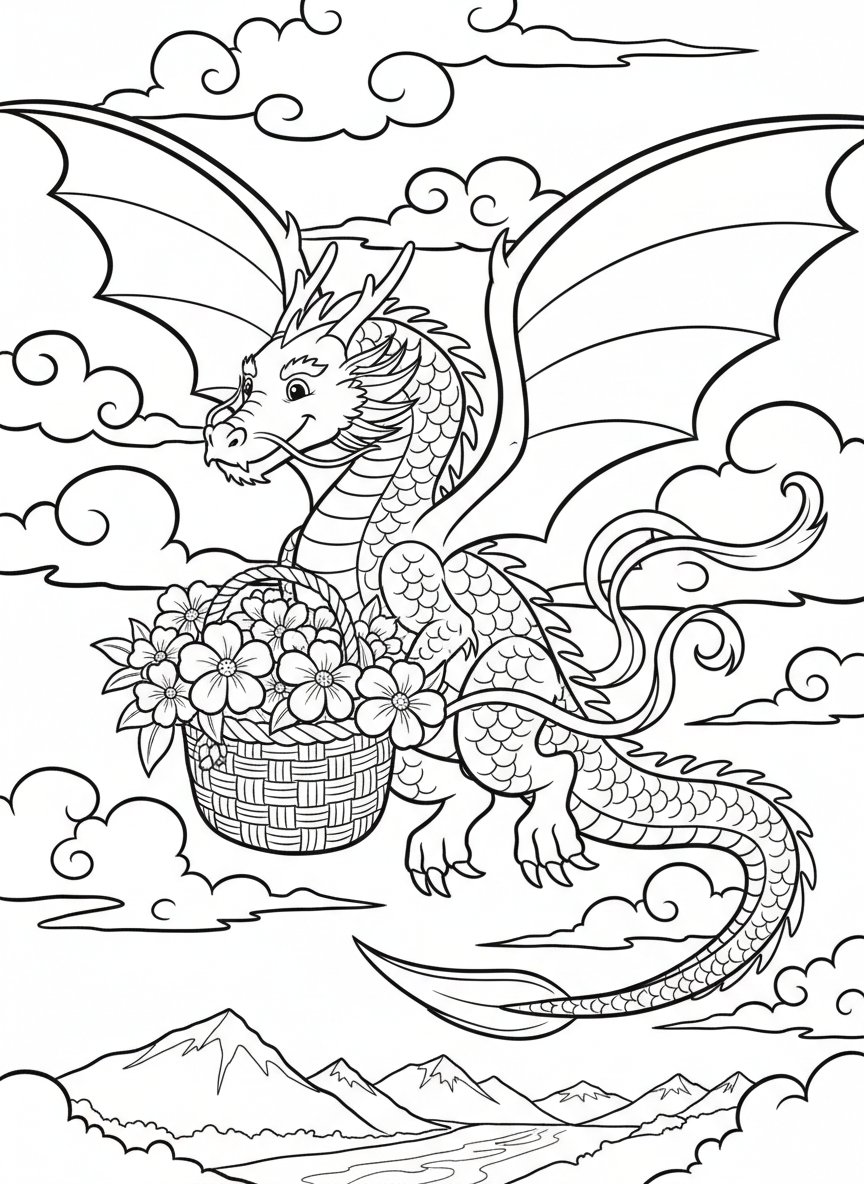 A dragon flying through the sky carrying a basket of flowers, with a gentle expression and flowing tail ribbons