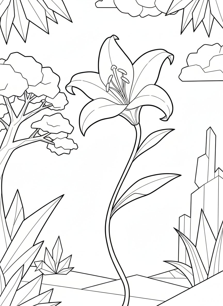 An origami lily with six pointed petals curving outward, showing stamens in the center and a curved stem with elongated leaves.