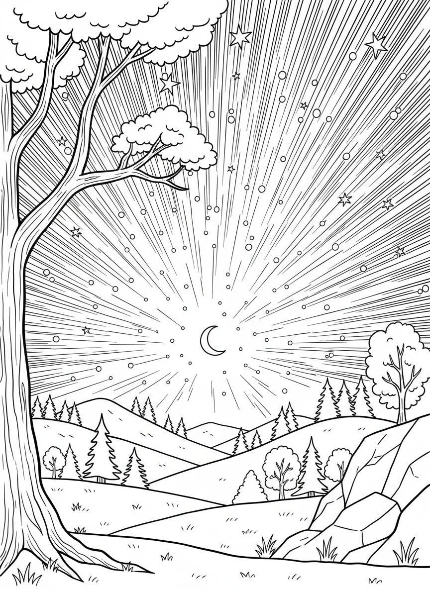 A meteor shower streaking across the night sky above a simple landscape with trees and hills below