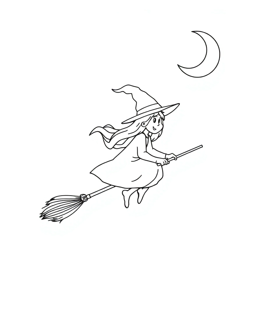 A witch flying on a broomstick past a starry sky and crescent moon
