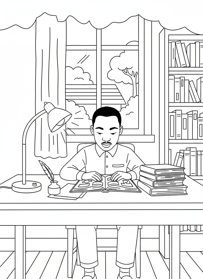 Martin Luther King Jr. as a young boy studying at a desk with books and a lamp, showing his dedication to education