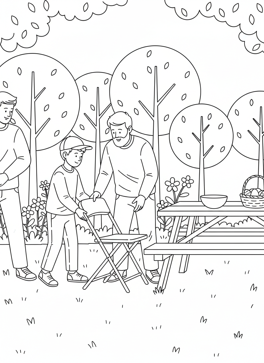 A boy helping his father set up chairs in the backyard for an Easter family gathering, with a picnic table and spring trees in the background.